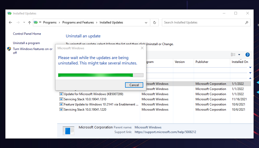 Gỡ bản cập nhật Security Update for Microsoft Windows