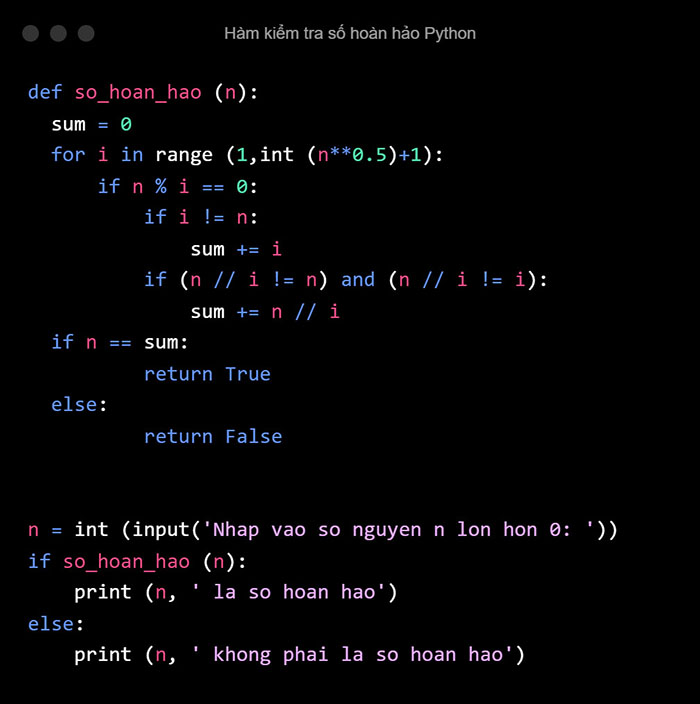 Hàm kiểm tra số hoàn hảo Python